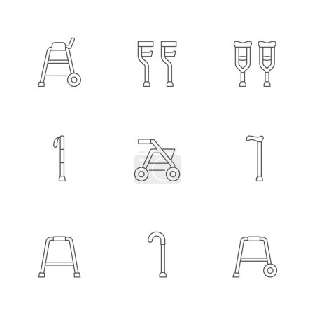 Illustration for Set line icons of walking aid isolated on white. Cane, forearm crutches, rollator, medical equipment, rehabilitation tool, orthopedic device. Vector illustration - Royalty Free Image