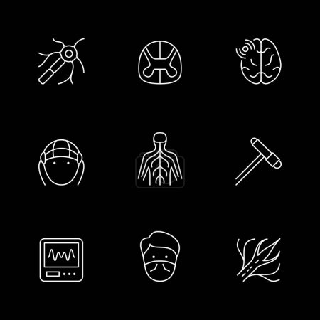 Set line icons of neurology isolated on black. Human brain, nerve, medical test, anatomy, nervous system, neurological hammer. Vector illustration