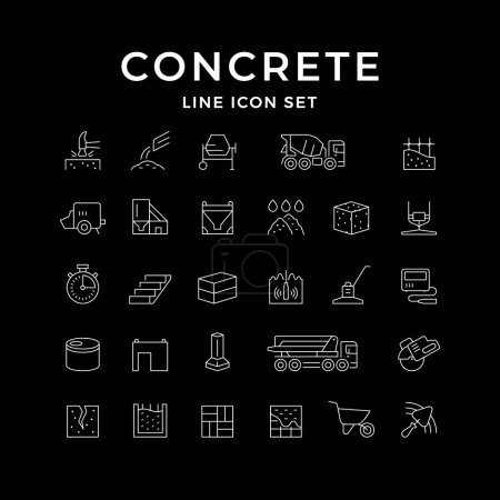 Set line icons of concrete isolated on black. Heavy industry, formwork, septic, stairs, mixer truck, wall, cement pump, plastering. Vector illustration