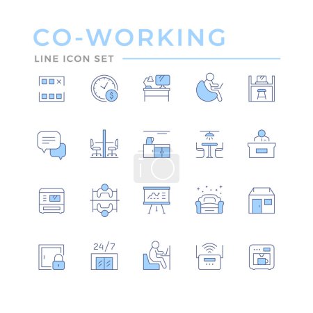 Illustration for Set color line icons of co-working isolated on white. Reception desk, canteen or kitchen, office workplace, meeting room, relax zone, internet router, business area. Vector illustration - Royalty Free Image