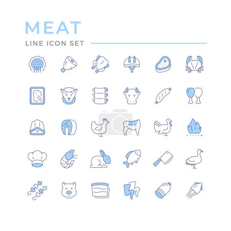 Set color line icons of meat isolated on white. Forcemeat, pork, mutton, fish, bird, chicken, sausage, lamb, pig, beef, grill and barbecue equipment Vector illustration