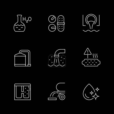 Illustration for Set line icons of waste water isolated on black. Chemical analysis, sewage treatment plant, sewerage tank, toxic pollution, wastewater pipe. Vector illustration - Royalty Free Image