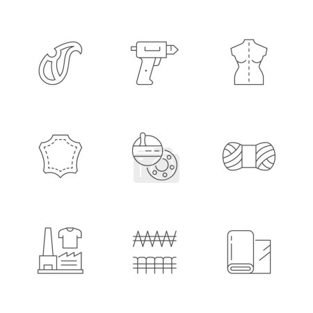 Set line icons of sewing isolated on white. Glue gun, mannequin, leather, yarn, bobbin case, fabric, factory, tailor, seam. Handmade hobby. Vector illustration