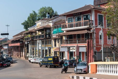 Photo for Panaji, Goa, India - January 2023: A street lined with old Portuguese era architecture in the Fontainhas area of the city of Panjim. - Royalty Free Image