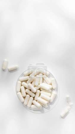 Téléchargez les photos : Capsules médicinales blanches dans une boîte de Pétri, vitamines et suppléments. Le concept de médecine, les médicaments. Espace de copie - en image libre de droit
