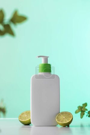 Photo for Refreshing lime-scented shampoo or shower gel in a white minimalist dispenser on a teal backdrop. Skin care - Royalty Free Image