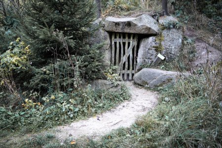 Téléchargez les photos : Mystérieuses portes en bois - portail en forêt avec des pierres et un sentier au premier plan - en image libre de droit