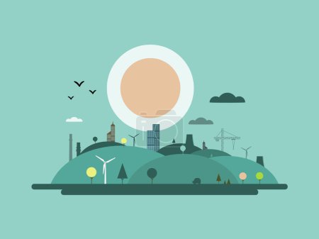 Illustration for Sunset landscape with hills and industrial city - flat design vector illustration - Royalty Free Image