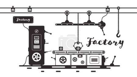 Ilustración de Retro fábrica - línea de producción automatizada - vector de maquinaria de fondo - Imagen libre de derechos