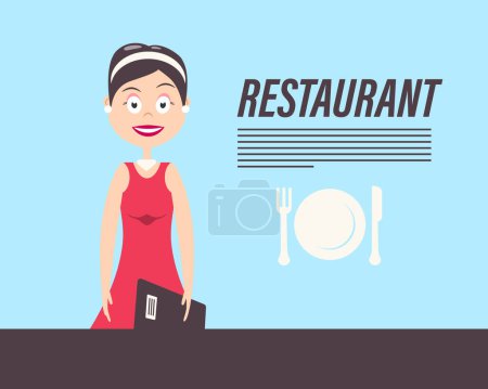 Illustration for Restaurant Receptionist Cartoon with Plate and Silverware Icon - Vector - Royalty Free Image