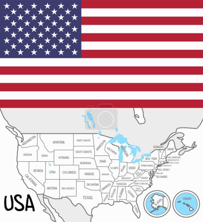 Téléchargez les illustrations : Carte des États-Unis drapeau et États - vecteur - en licence libre de droit