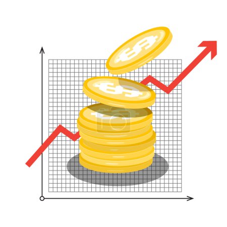 Téléchargez les illustrations : Graphique monétaire avec des pièces en dollars - succès dans le symbole d'entreprise - vecor - en licence libre de droit