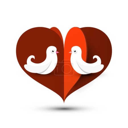 Téléchargez les illustrations : Deux oiseaux avec le cœur sur le fond - motif de coupe de papier vectoriel - symbole d'amour, modèle de carte de mariage - en licence libre de droit