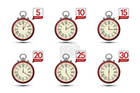 Illustration for Vintage stopwatch with 5, 10, 15, 20, 25 and 30 minutes symbols isolated on white background - vector - Royalty Free Image