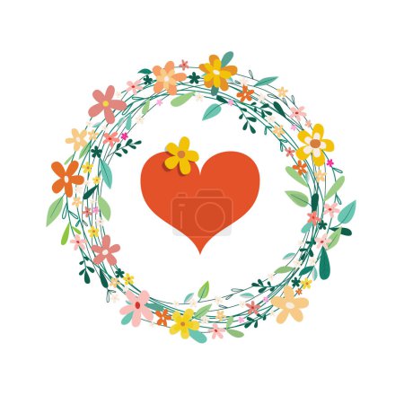 Ilustración de Corona de flores con el corazón en el centro aislado sobre fondo blanco - Imagen libre de derechos