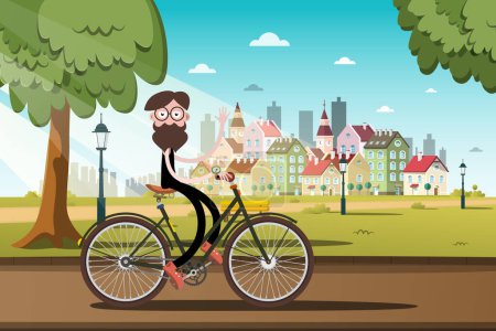 Téléchargez les illustrations : L'homme conduit un vélo avec le parc de la ville du matin sur fond - dessin animé vectoriel - en licence libre de droit
