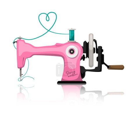 Illustration for Retro pink sewing machine with heart thread isolated on white background - vector - Royalty Free Image