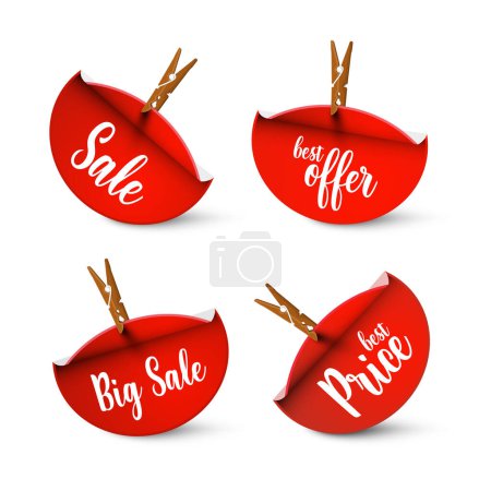 Illustration for Red sale labels set with pegs isolated on white background - vector - Royalty Free Image