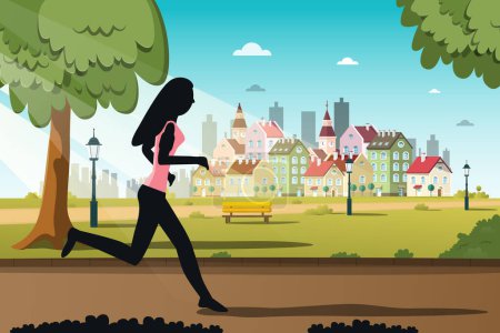 Téléchargez les illustrations : Femme jogging dans le parc de la ville du matin - dessin animé vectoriel - en licence libre de droit
