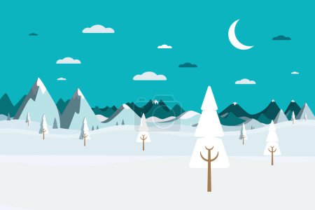 Téléchargez les illustrations : Paysage hivernal nocturne avec arbres, champs et montagnes recouverts de neige - vecteur - en licence libre de droit