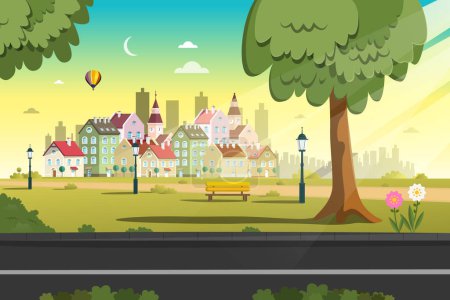 Illustration for Empty morning city park with trees, street on foreground and houses on background - vector - Royalty Free Image