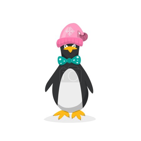 Illustration for Penguin with bow tie and winter hat isolated on white background vector illustration - Royalty Free Image