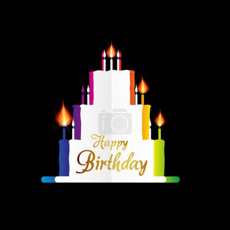 Téléchargez les illustrations : Carte de joyeux anniversaire avec gâteau coupé en papier et bougies allumées sur fond noir - en licence libre de droit