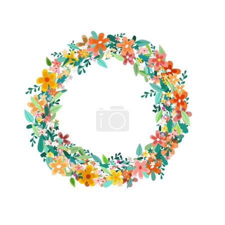 Téléchargez les illustrations : Couronne de fleurs printanières Colorul isolée sur fond blanc - vecteur - en licence libre de droit
