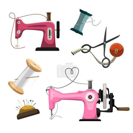 Ilustración de Herramientas de coser aisladas sobre fondo blanco - máquina de coser, tijeras, hilo en carrete, medidor y alfileres - Imagen libre de derechos