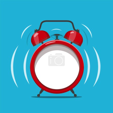 Illustration for Analog ringing red alarm clock mockup with empty display on blue background - vector - Royalty Free Image