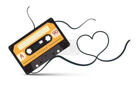 Téléchargez les illustrations : Cassette audio avec bande en forme de coeur isolée sur fond blanc - vecteur - en licence libre de droit