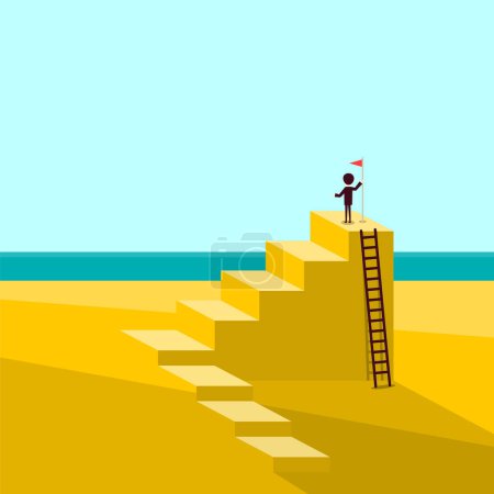 Ilustración de Hombre sosteniendo la bandera en las escaleras con el mar en el fondo - éxito empresarial o símbolo de rescate - vector - Imagen libre de derechos