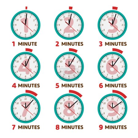 Illustration for Clock set - 1, 2, 3, 4, 5, 6, 7, 8, 9 - one, two, three, four, five, six, seven, eight, nine minutes Symbol - vector - Royalty Free Image