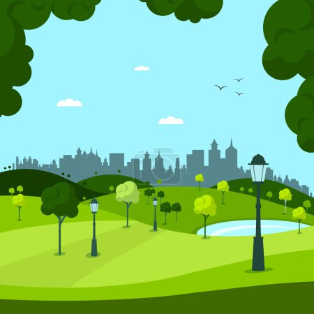 Empty city park with skyline silhouette on background - vector