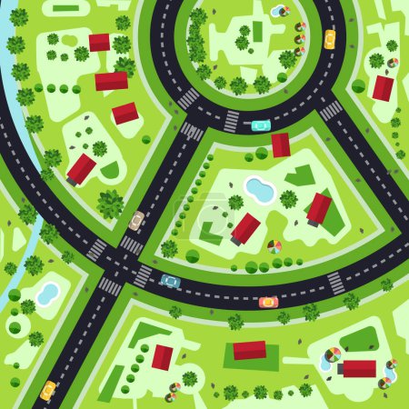 Illustration for Top view city drone view with family house buildings,, cars, streets a nd river - vector - Royalty Free Image