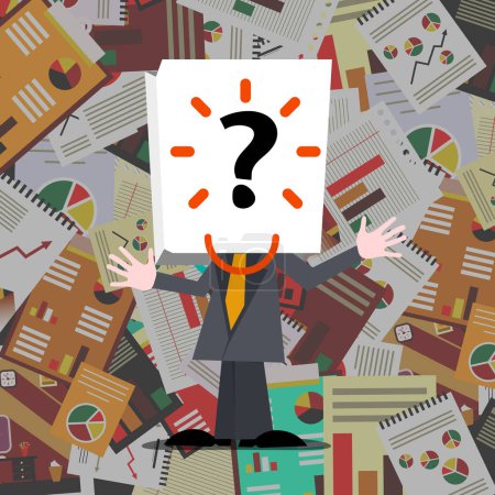 Illustration for Paperwork - confused businessman with question mark on paper bag on his head and papers on background - Royalty Free Image