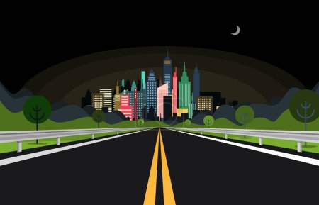 Téléchargez les illustrations : Nuit route asphaltée vide avec ville en arrière-plan - vecteur - en licence libre de droit