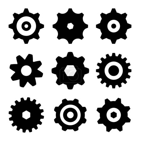 Illustration for Cogs - gears set. Vector black cog icons and gear symbols isolated on white background. - Royalty Free Image