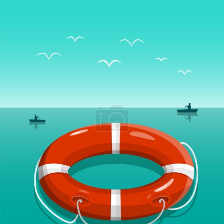 Illustration for Life buoy - lifebuoy on sea with fishing boats on background - vector - Royalty Free Image