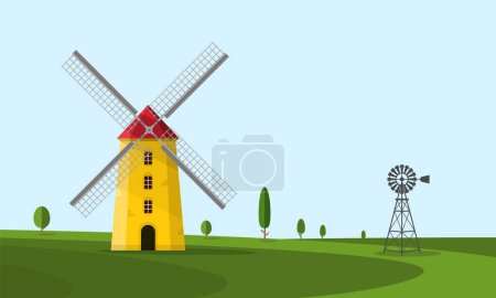 Téléchargez les illustrations : Moulin à vent sur champ avec arbres - moulins à vent vectoriels - en licence libre de droit