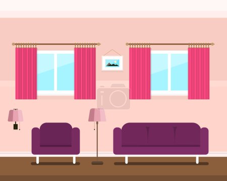 Ilustración de Habitación de hotel retro con dos ventanas y pared rosa - vector - Imagen libre de derechos
