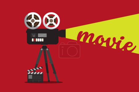 Illustration for Retro film camera with movie text on red background - vector - Royalty Free Image