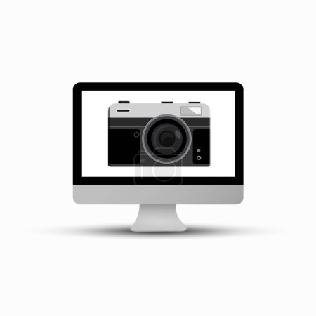 Illustration for Retro film camera on computer screen isolated on white background - Royalty Free Image