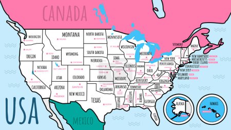 Ilustración de Estados Unidos - Estados Unidos de América mapa vectorial con capitales - Imagen libre de derechos