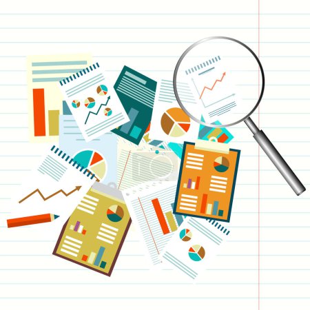 Illustration for Paperwork design with graphs and reports on empty lined paper and magnifying glass - vector - Royalty Free Image