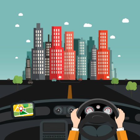 Ilustración de Diseño del coche de conducción - manos en el volante, navegación GPS y coches en carretera de asfalto, ciudad en el fondo, vector - Imagen libre de derechos