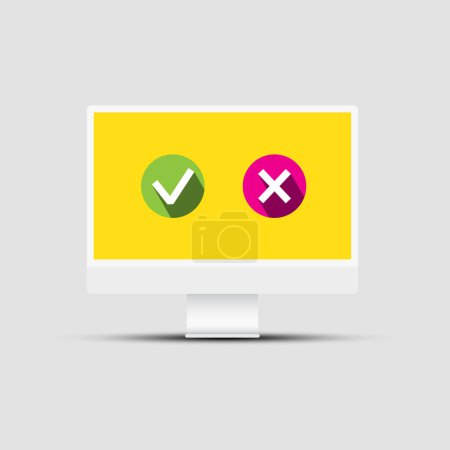 Illustration for Checkmark and cross icons on computrer screen, vector technology symbol - Royalty Free Image