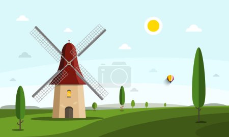Téléchargez les illustrations : Moulin à vent sur champ avec arbres et soleil sur ciel - en licence libre de droit