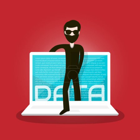 Téléchargez les illustrations : Concept de vol de données - voleur sur ordinateur portable - en licence libre de droit