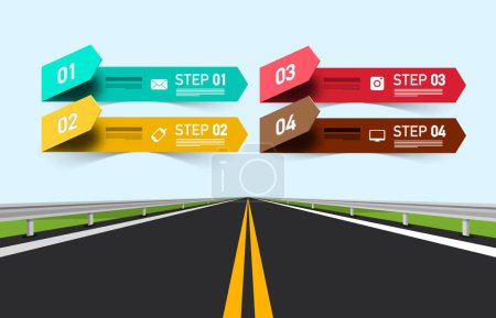 Ilustración de Camino de asfalto vacío con cuatro pasos diseño infográfico, vector - Imagen libre de derechos